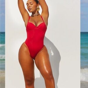 One piece suit, all 3 colors shown, high cut with cheeky coverage in back